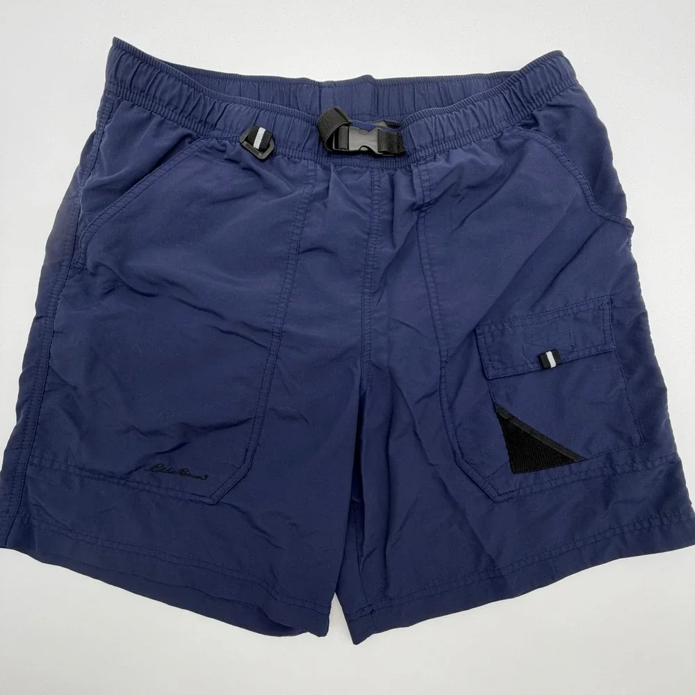 Eddie Bauer Mens Navy Blue Nylon Hiking Swim Shorts‎ Cargo Belt Size Large